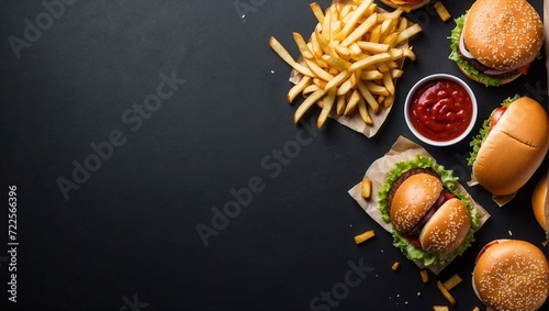 Top view potato burger and sauce on empty black background, advertising space, copy space