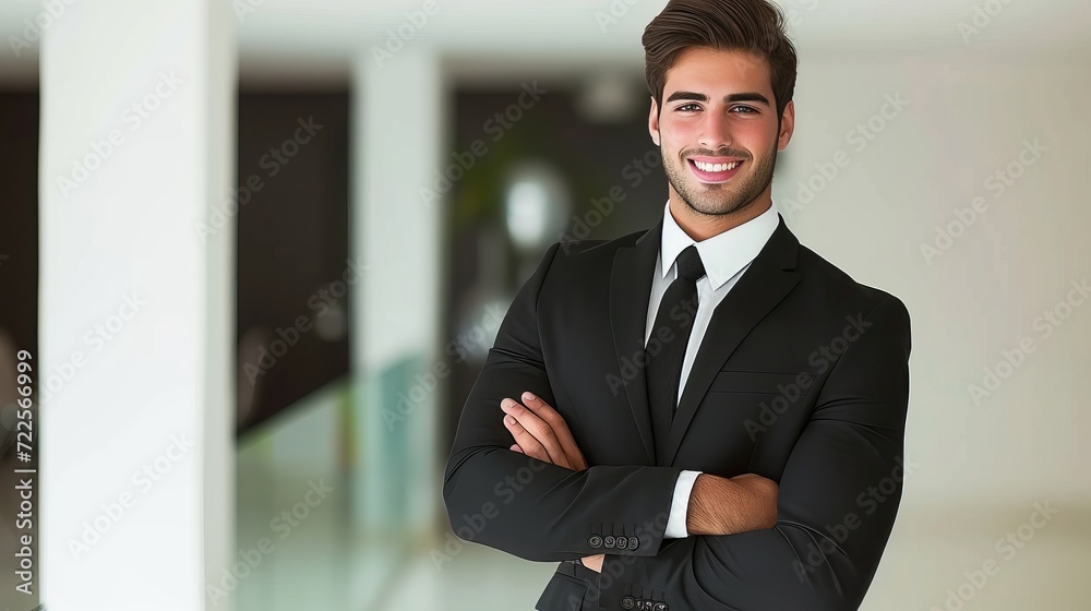 Happy businessman in modern office meeting with copy space on blurred glass walls background Happy businessman in modern office meeting with copy space on blurred glass walls background