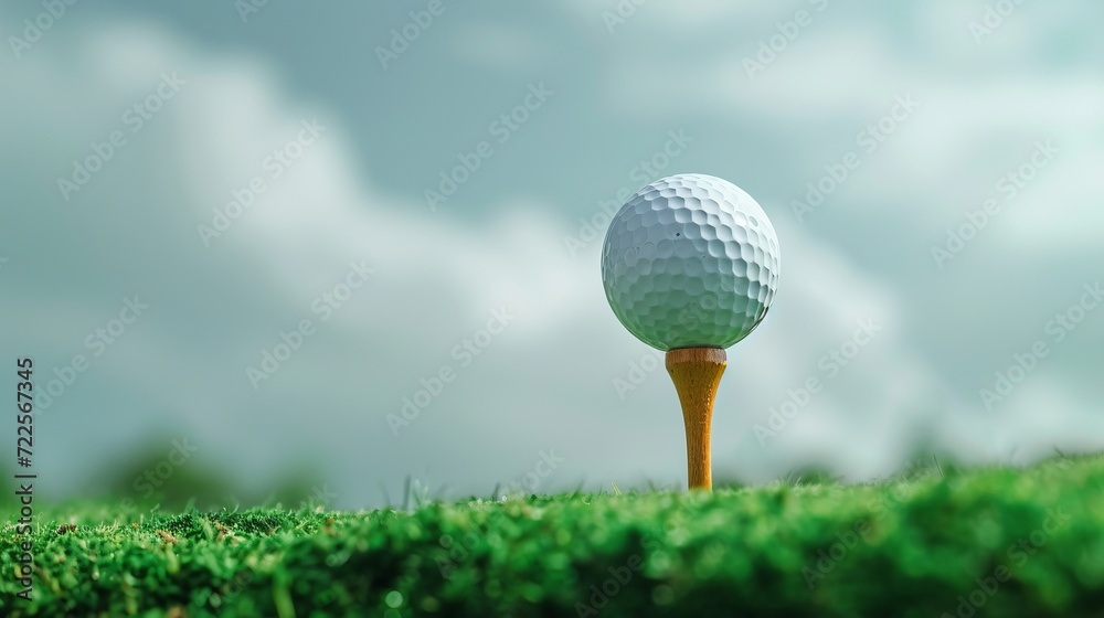 Golfer placing ball on tee at scenic golf course with panoramic view and copy space Golfer placing ball on tee at scenic golf course with panoramic view and copy space