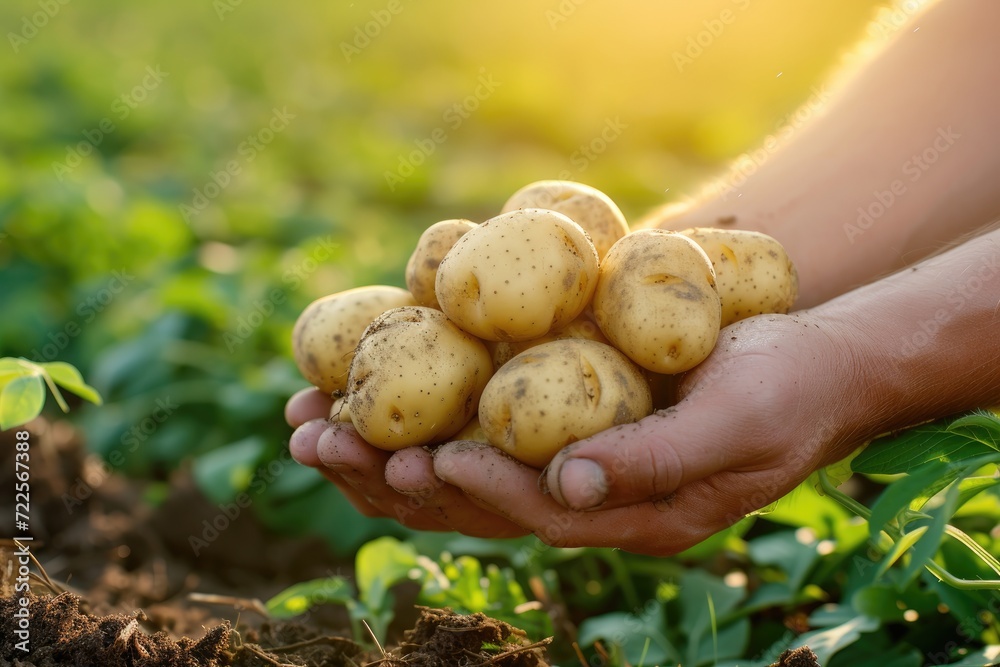 close up farmer hand hold potato on field at sunrise harvest concept close up farmer hand hold potato on field at sunrise harvest concept