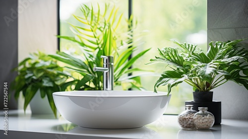 Minimalist bathroom with white square vessel sink and chrome faucet in modern interior design