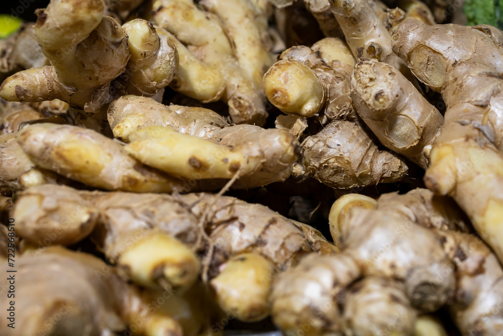 fresh ginger at vegetable store for sale at evening fresh ginger at vegetable store for sale at evening