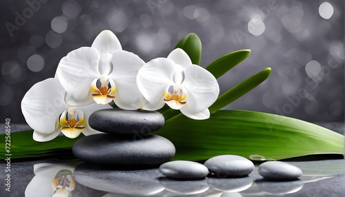 Natural alternative therapy. Spa treatment kit with massage stones and orchids on gray background