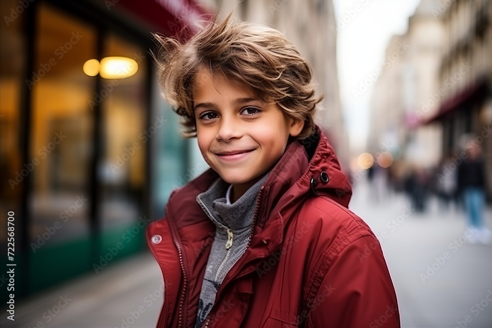 Portrait of a cute little boy in a red jacket on the street
