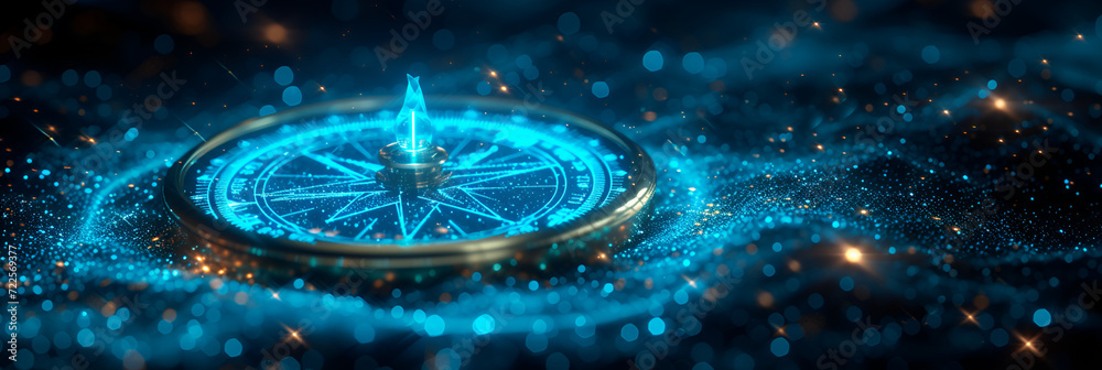 A neon illustration of a blue teal compass. Created with generative AI. - obrazy, fototapety, plakaty 