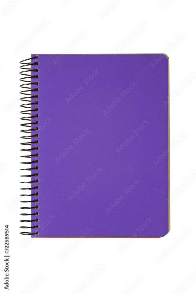 Closed spiral bound notepad with purple cover isolated on white, transparent background, PNG. Top view, copy space for text, template, mockup. Closed spiral bound notepad with purple cover isolated on white, transparent background, PNG. Top view, copy space for text, template, mockup.
