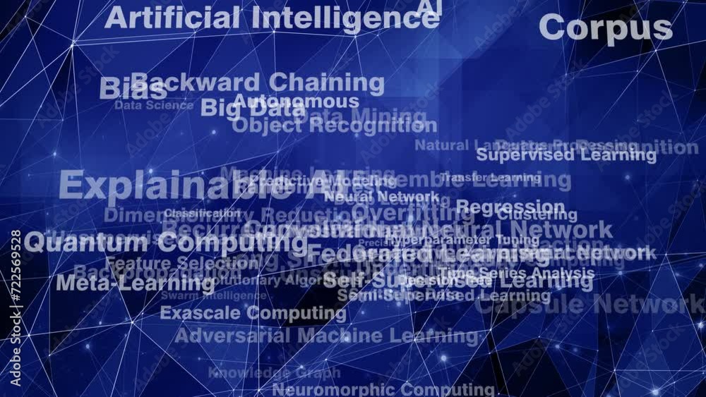Connected lines artificial intelligence letterings and uncertainty of ai algorithms in deep learning and neural networks