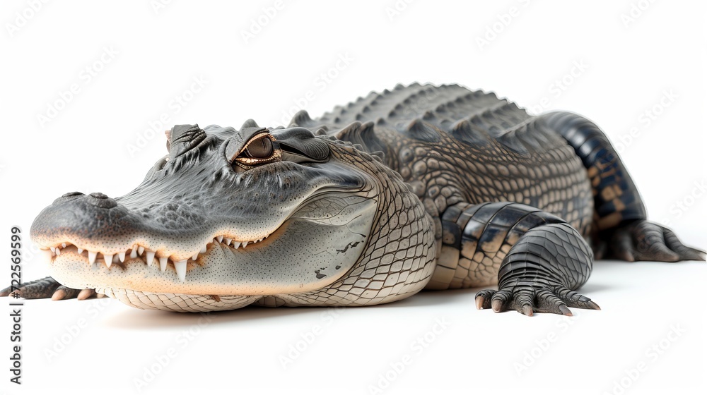 Impressive and powerful alligator showcasing its dominance on a pure white isolated background Impressive and powerful alligator showcasing its dominance on a pure white isolated background