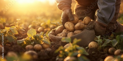 hand farmer picking potatoes from soil on sack field with golden sun rays, harvest time concept agriculture 