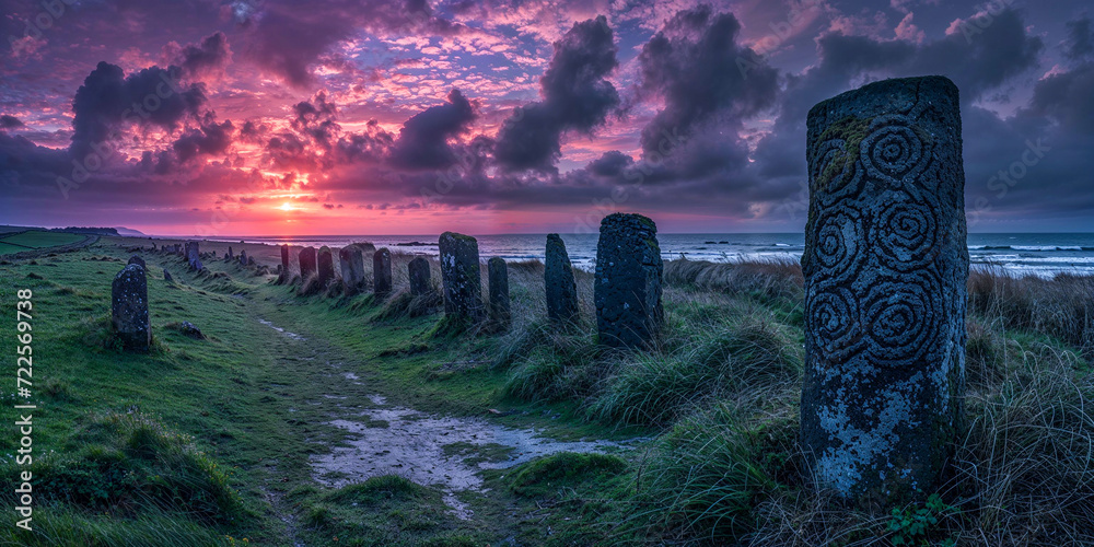 Ancient standing stone menhirs at dawn, Ireland landscape, Celtic, wide banner, background