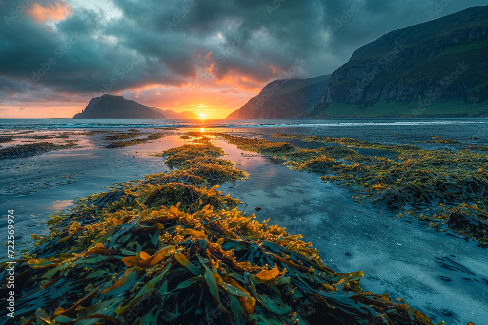 Naklejka premium Sunrise on the ocean shore in Ireland, yellow seaweed, landscape, seascape