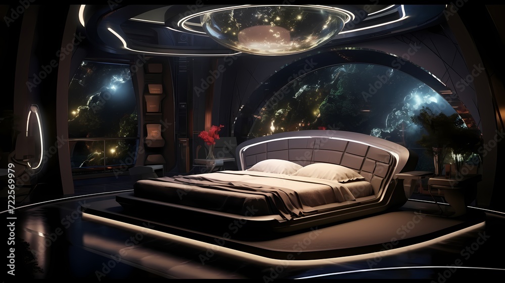Cosmic-themed bedroom with levitating bed, interactive starlight ceiling, and a futuristic sleep pod, offering a space age escape at bedtime - obrazy, fototapety, plakaty 