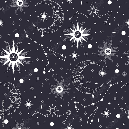 Star constellation and sun seamless pattern vector