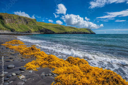 Yellow seaweed dulaman on the shore coastline of Ireland, sunny blue sky day, landscape photo