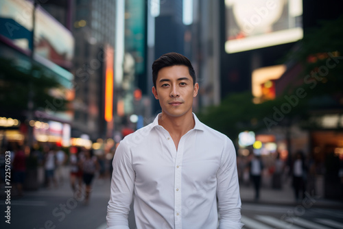 Portrait of a modern Asian man wearing a white shirt with a blur modern urban background.