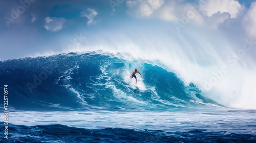 Extreme sports surfer conquering massive blue ocean wave, thrilling active lifestyle concept