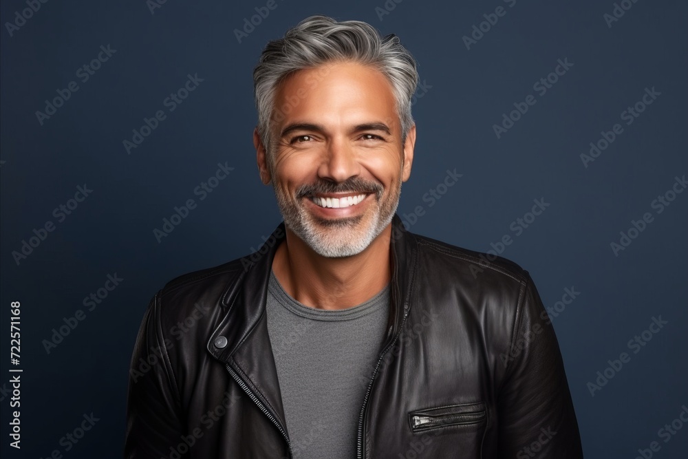 Portrait of a smiling middle-aged man in leather jacket against blue background Portrait of a smiling middle-aged man in leather jacket against blue background