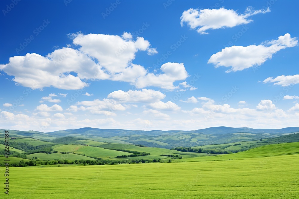 Breathtaking landscape  vast green fields, blue skies adorned with fluffy clouds.