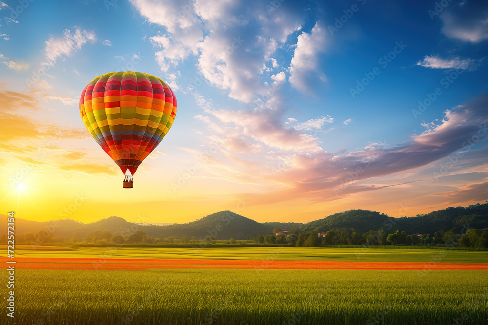 Fototapeta premium Colorful hot air balloon over blooming field meadow at sunset