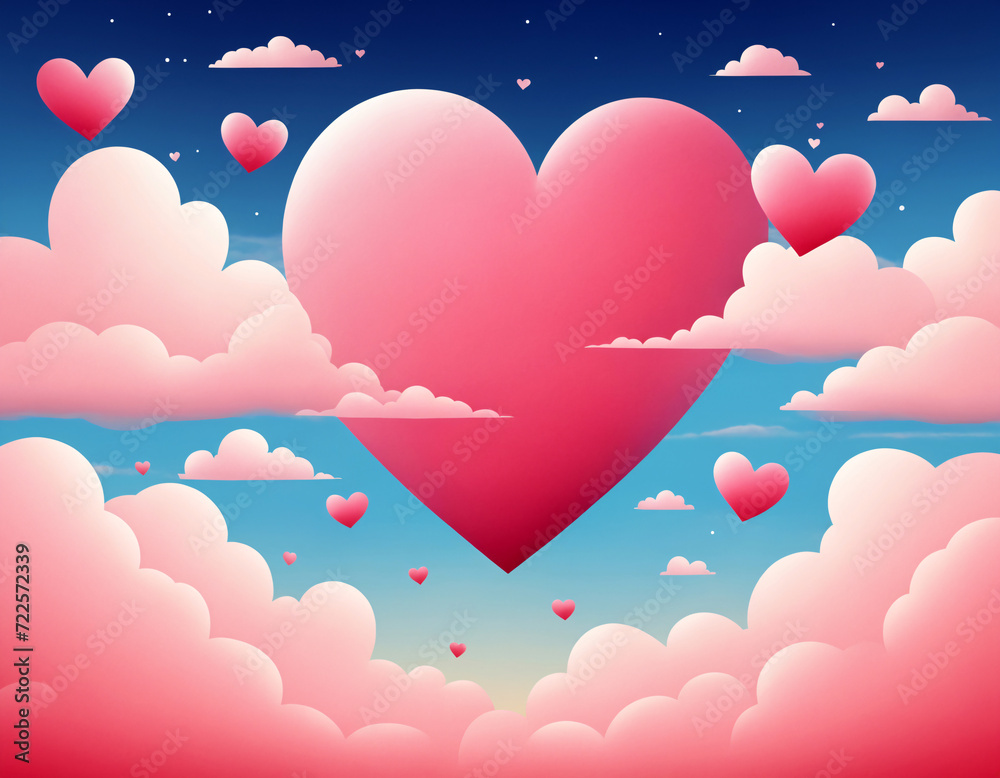 Pink hearts in the blue sky amidst pink clouds.