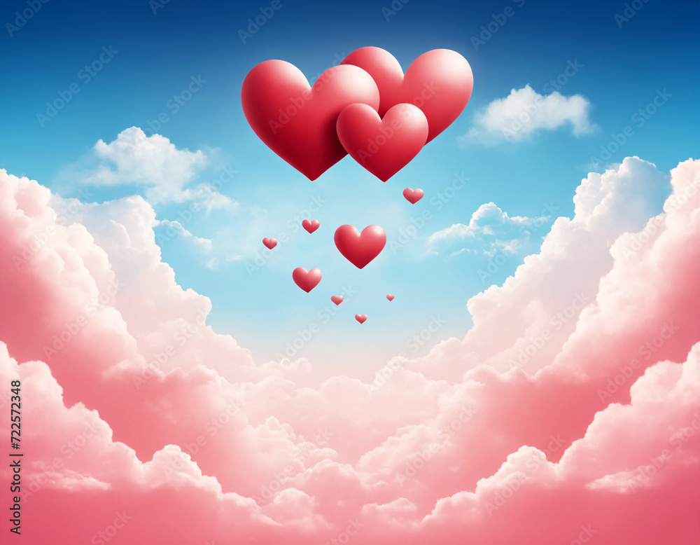Red hearts in the blue sky amidst pink clouds.