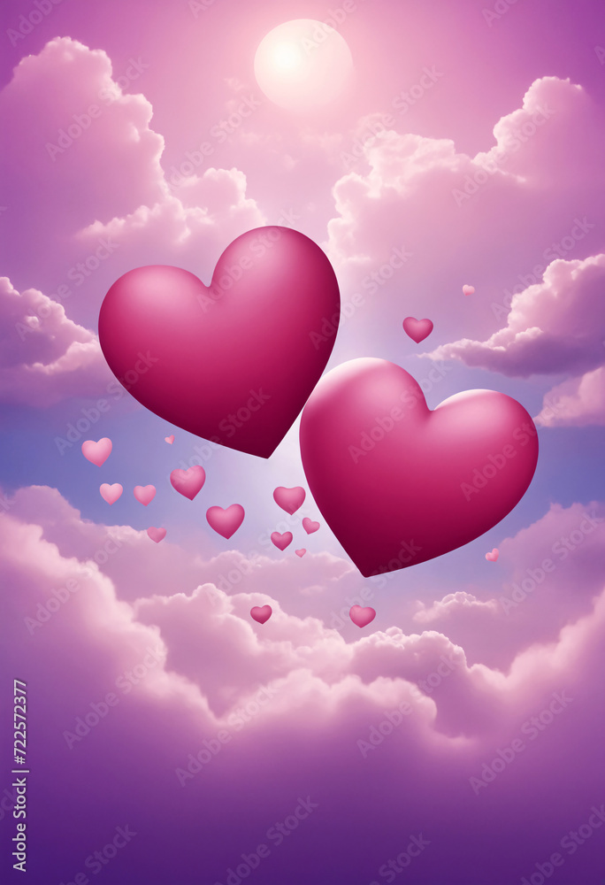 Two bright pink hearts in the purple sky amidst clouds.