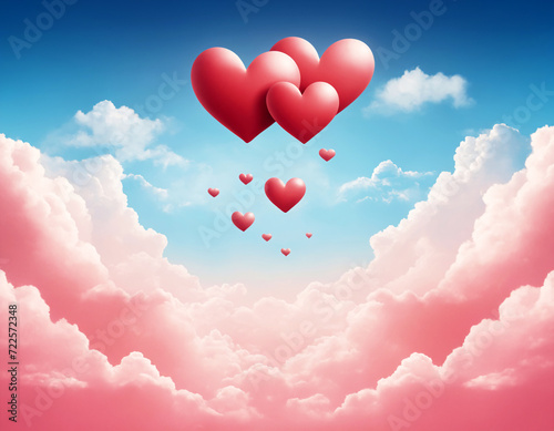 Red hearts in the blue sky amidst pink clouds.