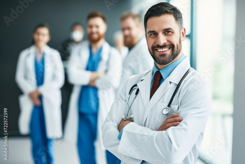 Smiling Male Doctor with Stethoscope  Healthcare Team in Background
