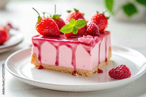 strawberry cake delicious  with cream and pudding on white plate
