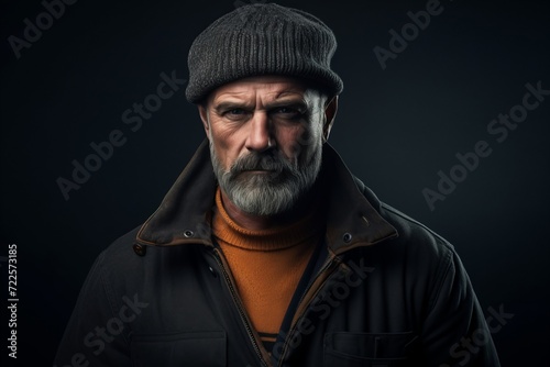 Portrait of an old man with a gray beard and a cap on a dark background