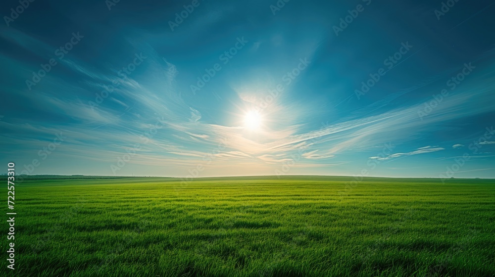 Fototapeta premium Vibrant Green Meadow Under a Blue Sky: A vast, lush green field stretches toward the horizon under a bright, clear blue sky, the sun shining majestically above. A peaceful.