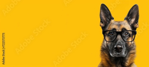 Smart dog with stylish black glasses on vibrant yellow background space for text