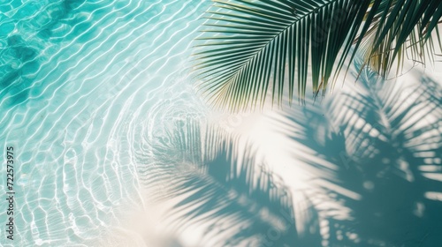 Fototapeta Naklejka Na Ścianę i Meble -  palm leaf beach with seashore pure water sea and white sand. top view of water surface with tropical leaf shadow. Shadow of palm leaves on white sand beach. Beautiful  background 