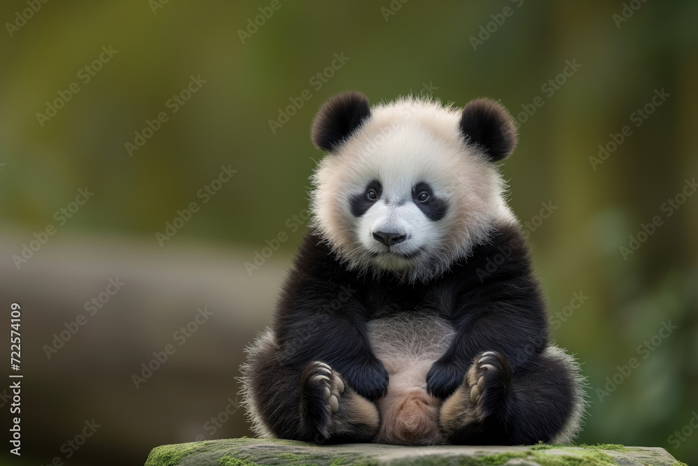 A small cute panda sits on a stone covered with moss on a blurred forest background