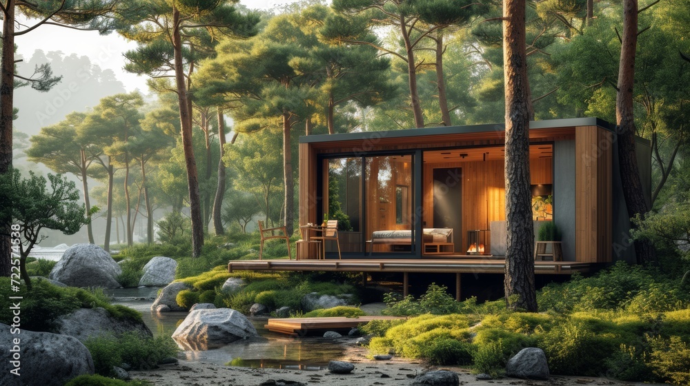 Eco-modern wooden cabin in a lush pine forest setting with a clear view into the interior.