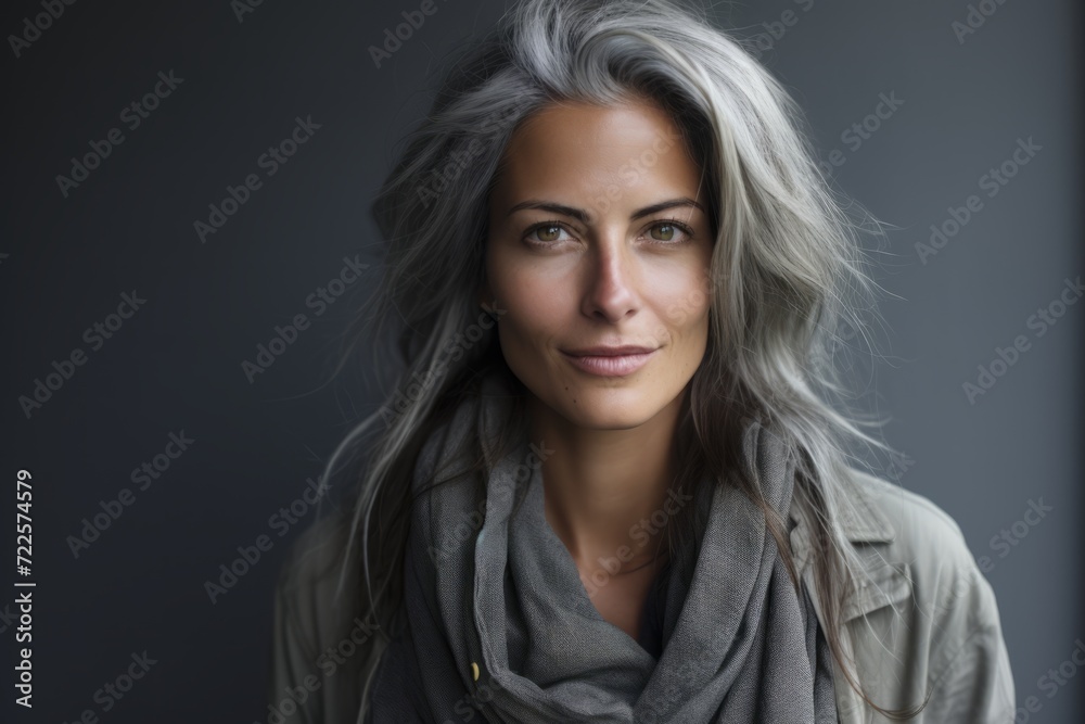 Portrait of a beautiful woman with long gray hair on a gray background