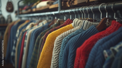 A vibrant selection of knitwear in various colors and patterns displayed on a shop rack, with a vintage feel.