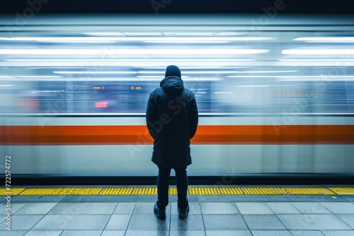 Man stand waiting train in subway fast moving. Generative AI.