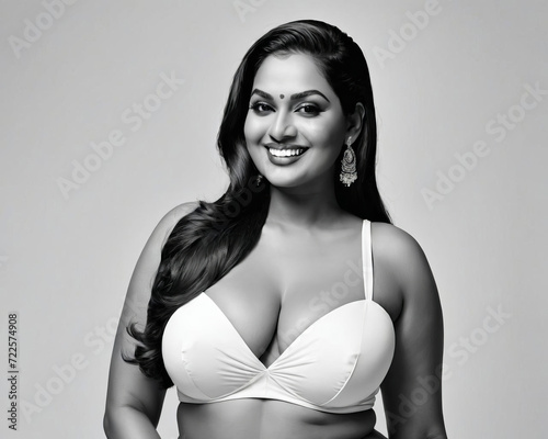 Contemporary Elegance - Portrait of a Full-Figured South Asian Supermodel in Sleek Monochrome Tones Gen AI photo