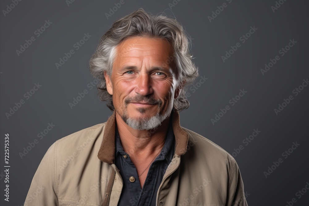 Handsome middle aged man with grey hair and beard. Studio shot.