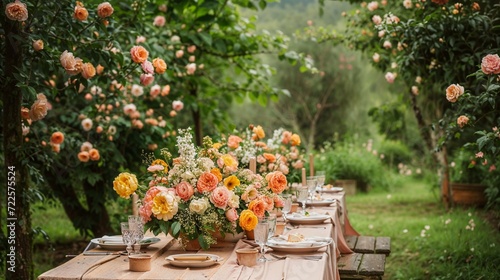 Garden party, Outdoor dining, Floral centerpiece, Rustic table setting