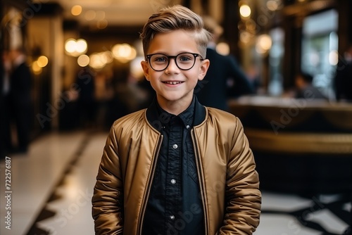 Portrait of a handsome young boy in a brown jacket and glasses
