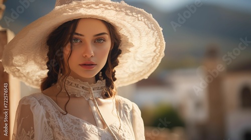 A beautiful woman elegantly dressed in a traditional lace dress.