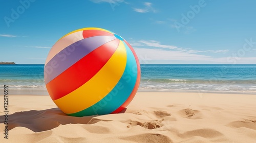 A colorful beach ball against the background of the sea.