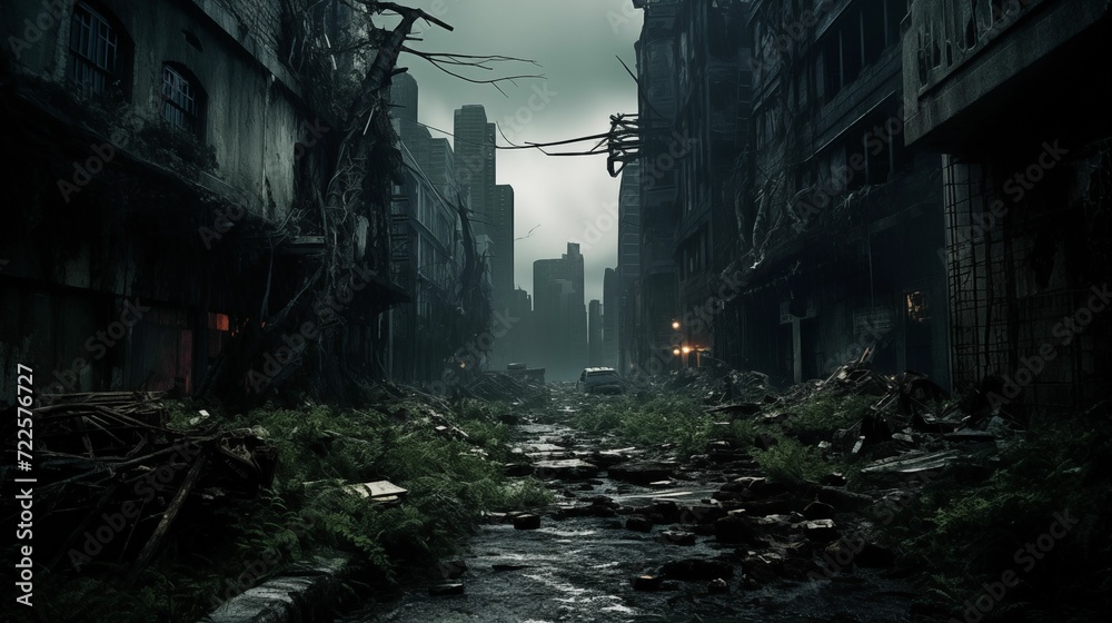A post-apocalyptic city with ruined skyscrapers, ruins.
