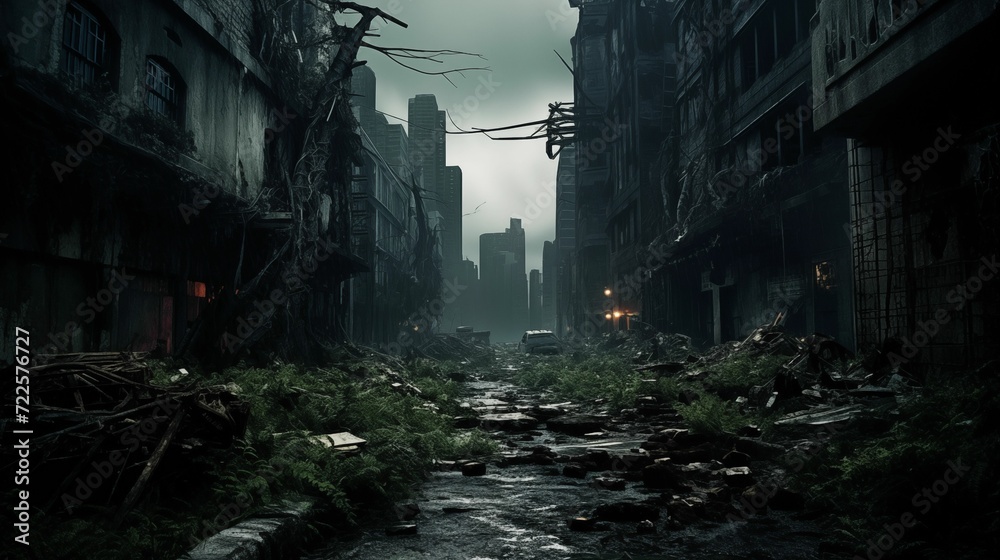A post-apocalyptic city with ruined skyscrapers, ruins. A post-apocalyptic city with ruined skyscrapers, ruins.