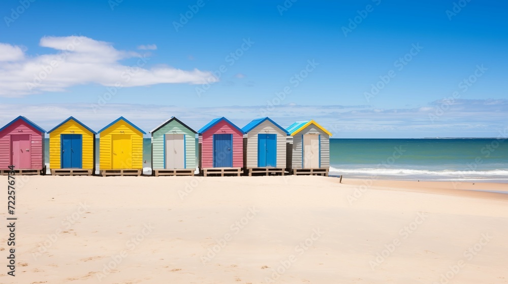 A row of colorful beach houses on the sandy beach.