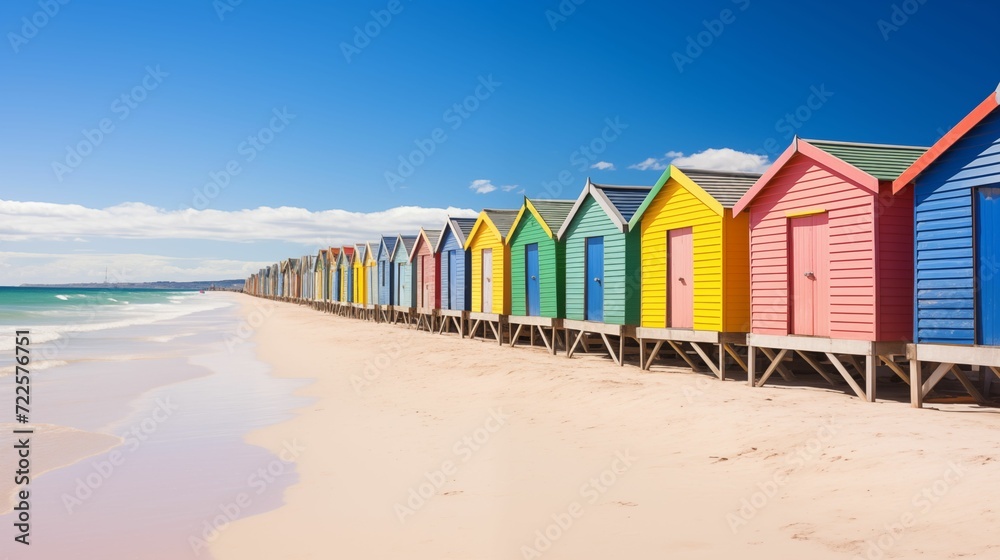 A row of colorful beach houses on the sandy beach. A row of colorful beach houses on the sandy beach.