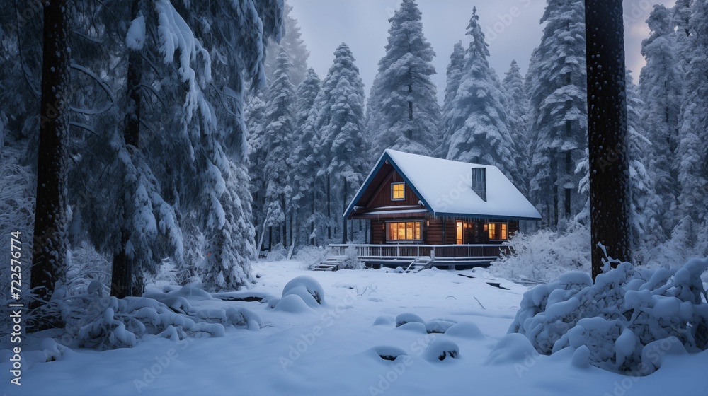 A wooden hut in a snowy forest.