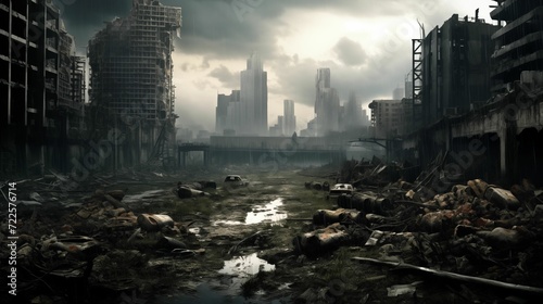 A post-apocalyptic city with ruined skyscrapers, ruins.